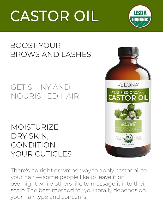 velona USDA Certified Organic Castor Oil – 16 fl oz in Glass Bottle | Cold-Pressed, Hexane-Free, USP Grade | Promotes Hair Growth, Eyelash & Eyebrow Enhancement | Bottled in USA