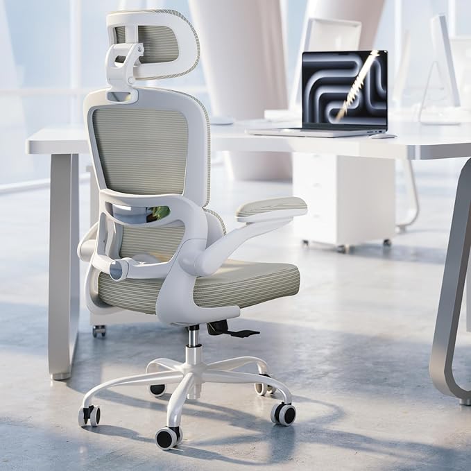 TRALT Ergonomic Office Chair - Desk Chair with Adjustable Headrest Lumbar Support Computer Chair - Mesh Comfy Chair with Flip-up Armrests - Gaming Chairs for Adults Home Office (Leather, Beige)