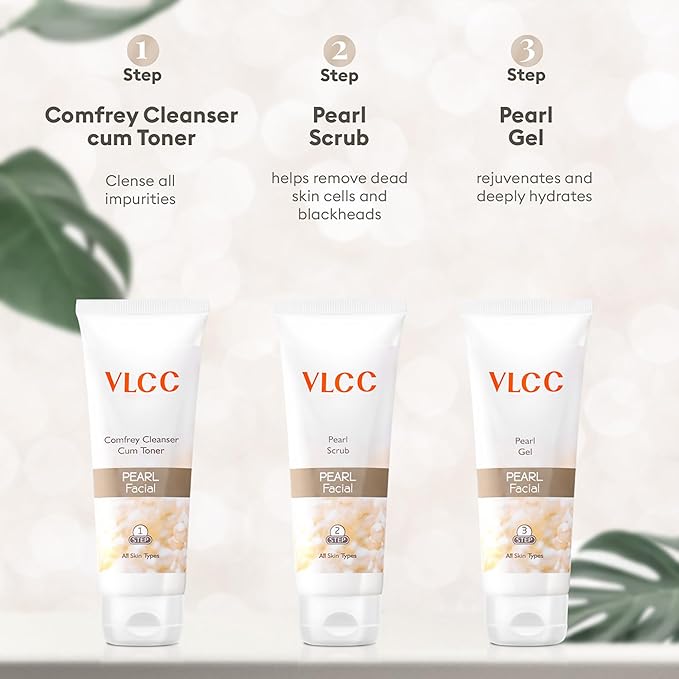 VLCC Pearl Facial Kit with 7 Skin Care Products - Cleanser with Toner, Face Cream, Face Scrub, Gels, Mask, Rosewater Toner - 7 pc