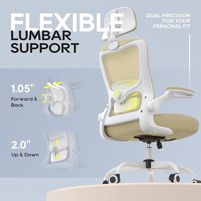 Ergonomic Office Chair, High Back Mesh Desk Chair with Adjustable Lumbar Support & Headrest, Flip-up Armrest, Computer Task Chairs for Home and Executive Office (W-Beige)