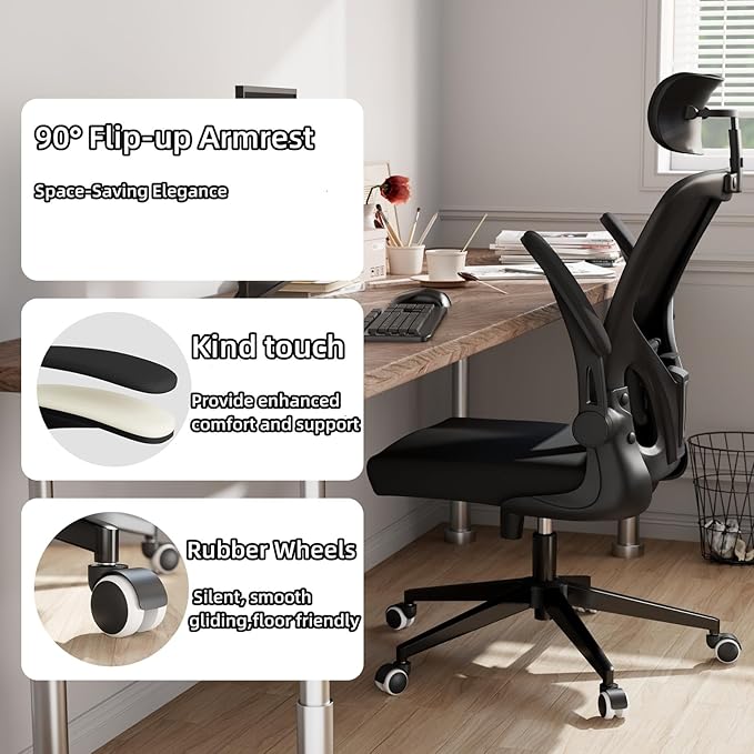 Ergonomic Office Chair, High-Back Mesh Computer Desk Chair with Adjustable Height, Lumbar Support, Flip-Up Armrests,headrest，and Swivel Rolling Design for Home and Office Use
