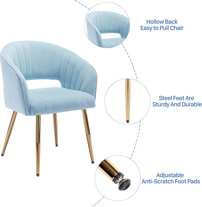 Home Office Chair Velvet Desk Chair Accent Armchair Upholstered Modern Tufted Chairs with Gold Legs for Girls Women Ergonomic Study Seat Computer Task Stools for Living Room(Blue)
