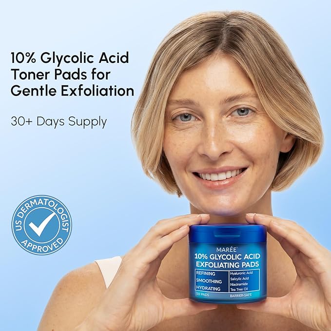 MAREE Glycolic Acid Resurfacing Pads - Toner Pads for Face Cleansing - Exfoliating Pad with Tea Tree Oil, Salicylic Acid & Vitamins E, B3, B5 - Facial Device for Pore Resurfacing & Radiance - 50 Count