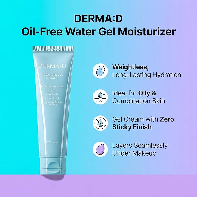 Oil-Free Water Gel Moisturizer for Oily & Sensitive Skin – Lightweight Korean Hydrating Gel with Hyaluronic Acid & Glutathione, Fast Absorbing & Non-Greasy, 3.38 fl.oz