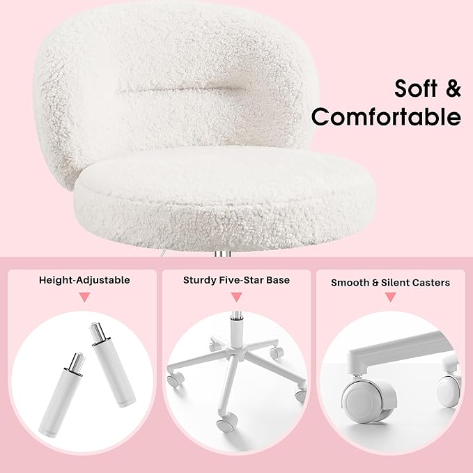 Small Round Vanity Chair with Wheels, Armless Home Office Desk Chairs with Back, Height Adjustable & 360° Swivel, Cute Comfy Vanity Computer Chair for Bedroom, Home Office, White