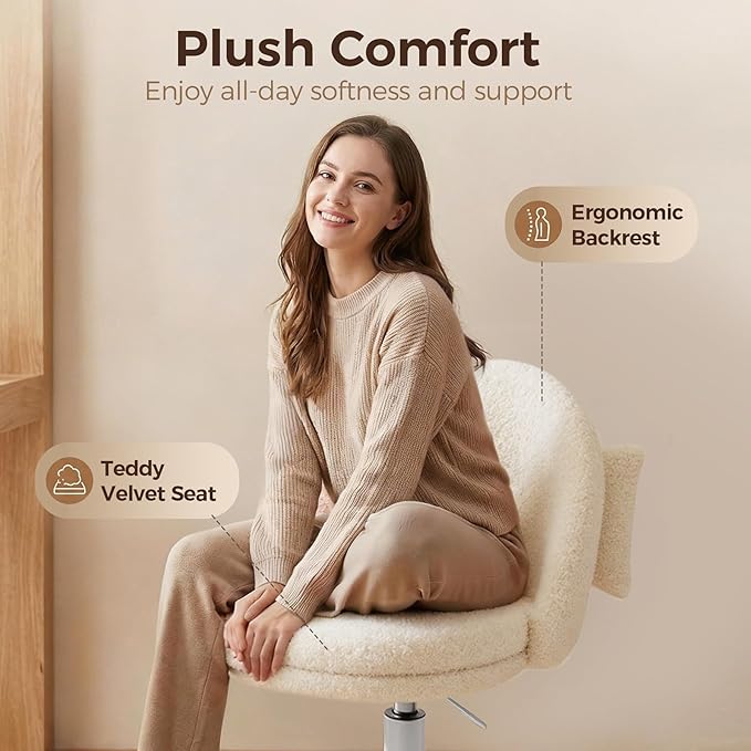 GTPOFFICE Vanity Chair with Back, Adjustable Tall Office Chair High Swivel Bar Stools Fluffy Cute Desk Chair Comfy with Wheels Bow Pillow Armlees for Adults Standing Desk Bar, Soft Velvet, White