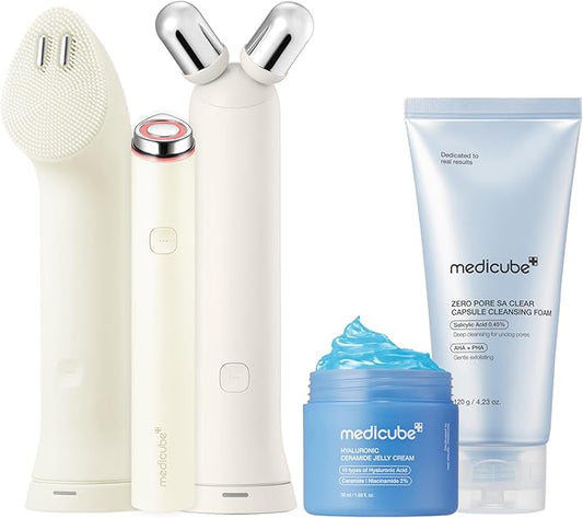 medicube Cleanse, Contour & Plump Device & Skincare Set: Mini Booster Pro Plus Facial Set Beige | 3-in-1 Korean Facial Device | Cleanse, Define, Boost for Hydration, Clear Pores and Stronger Skin