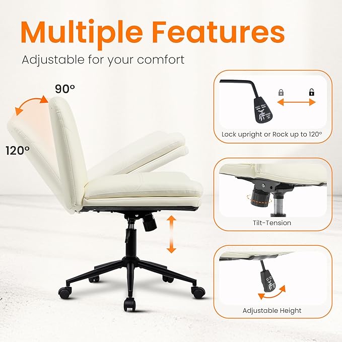 NEO Chair Criss Cross Chair with Wheels Armless Cross Legged Office Desk Wide Comfy Vanity Makeup Chair Adjustable Swivel Rolling Computer for Home Office PU Leather (Beige)