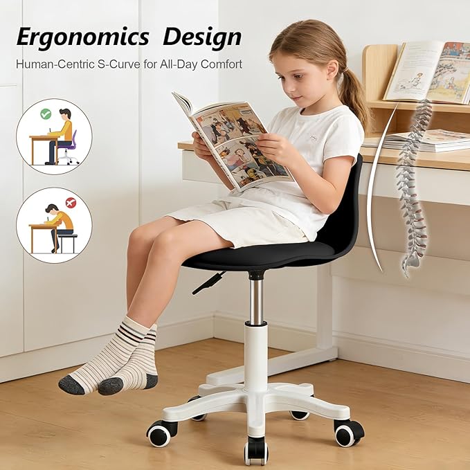 Small Desk Chair Cute Armless Task Vanity Chair with Soft Padded Cushion, Plastic Height Adjustable Home Office Chairs for Teens Girls