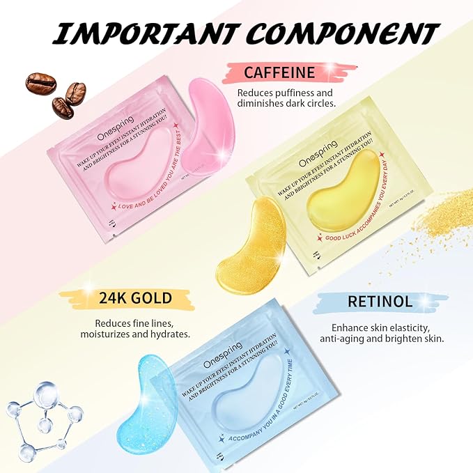 Eye Masks (24 Pairs) - Gift for Her - Caffeine, 24K Gold and Retinol Under Eye Patches for Puffy Eyes, Dark Circles & Fine Lines, Bachelorette Party Favors, Birthday, Easter Basket Stuffers
