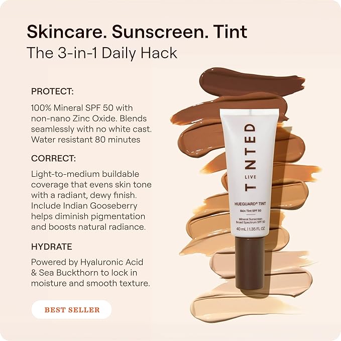 Live Tinted Hueguard Skin Tint SPF 50 - Tinted Mineral Sunscreen with Light-Medium Buildable Coverage With a Hydrating and Radiant Finish - Water and Sweat Resistant, 1.35 fl oz - Shade 04