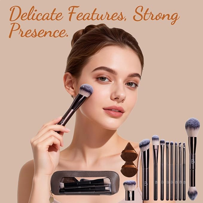 BS-MALL 10 Pcs Professional Makeup Brushes Set with Soft Eyeshadow Brush, Foundation Brush for Liquid Makeup, Double-ended Brushes Travel Bag & Triangle Puff - Travel-friendly Multi-purpose Kit