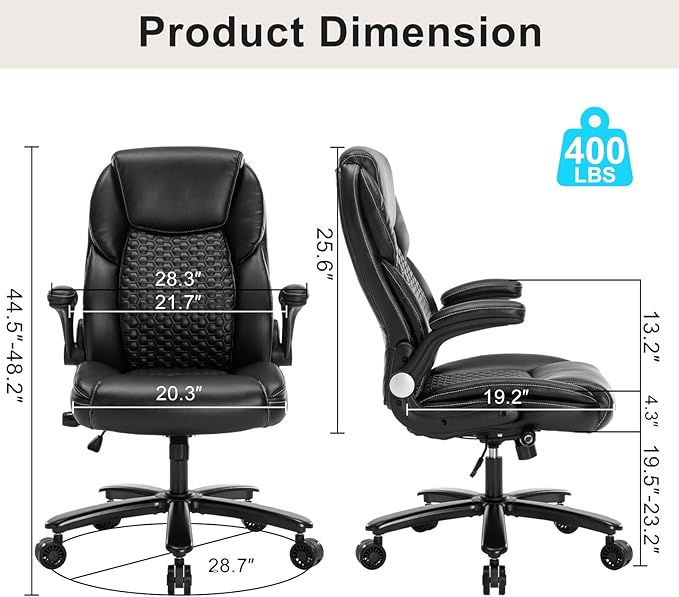 Big and Tall Office Chair, Executive Comeputer Desk Chair Ergonomic Home Office Chair with Adjustable Lumbar Support, Tilt Lock, PU Leather, Swivel Rolling Chair (PU-Black)