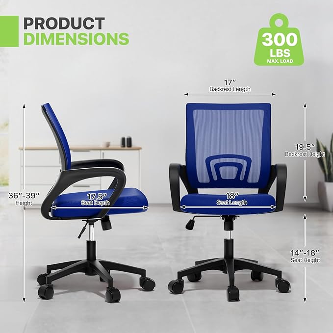 Magshion Ergonomic Office Chair 10 Pack, Mid-Back Mesh Desk Chair, Adjustable Swivel Computer Chair with Lumbar Support & Breathable Backrest for Gaming, Work, Study, 300 Lbs Capacity, Navy Blue