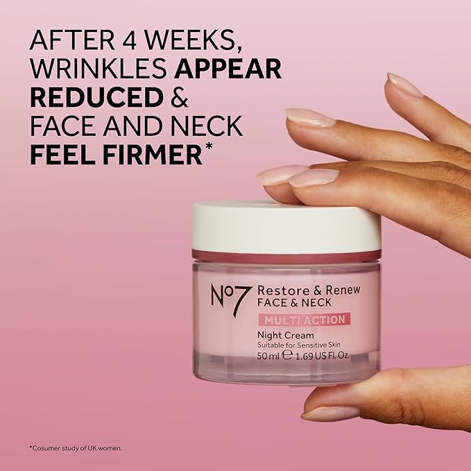 No7 Restore & Renew Multi Action Face & Neck Night Cream - Collagen Peptide Anti Aging Face Cream - Hydrating Hyaluronic Acid + Skin Firming Fragrance Free (50ml)