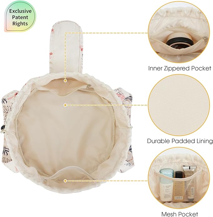 Narwey Barrel Drawstring Makeup Bag Large Floral Cosmetic Bag Make up Bags Toiletry Organizer for Women and Girls (Beige Flamingo) (Patent)