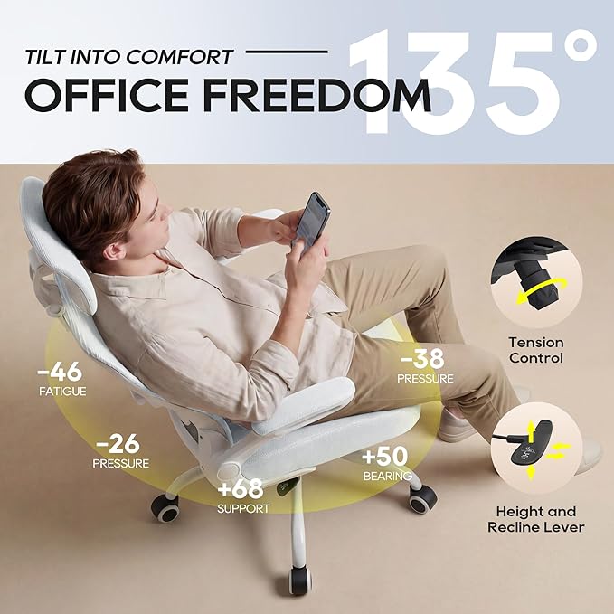 Ergonomic Office Chair, High Back Mesh Desk Chair with Adjustable Lumbar Support & Headrest, Flip-up Armrest, Computer Task Chairs for Home and Executive Office (W-White)