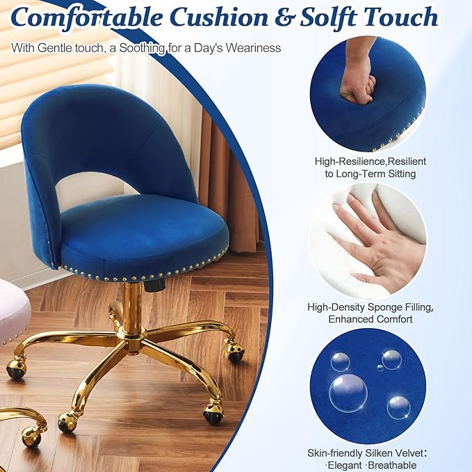 VINGLI Modern Velvet Small Office Chair,Cute Desk Chair with Wheels,Gold Base/Studs, Comfy Armless Swivel Vanity Task Chair for Women/Girl/Kids, Nail Tech Chair for Bedroom,Small Space,Navy Blue