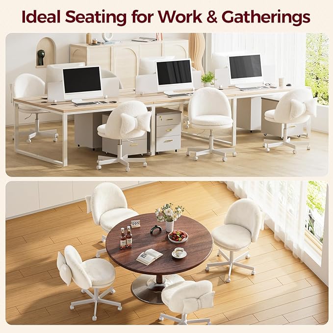 GTPLAYER Velvet Tall Office Chair with Wheels Vanity Chairs with Back, Versatile Height Use: Office to Bar Stools Small Ergonomic Comfy Armlees Computer Desk Chair with Bow Lumbar Pillow for Gift