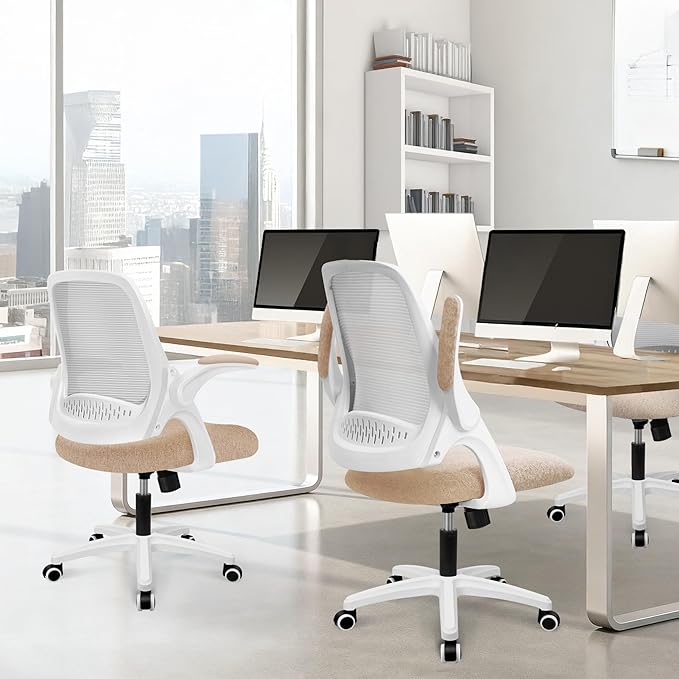 NEO CHAIR Office Desk Computer Gaming Ergonomic Chair with Lumbar Back Support Adjustable Height Swivel Wheels Flip-up Arms Mesh Chair for Home or Office (Beige)