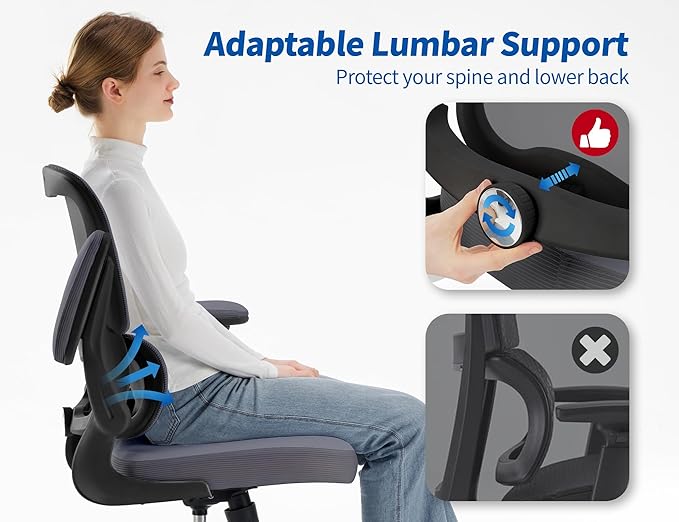 TRALT Ergonomic Office Chair - Desk Chair with Adjustable Lumbar Support Computer Chair - Mesh Comfy Chair with Flip-up Armrests - Gaming Chairs for Adults Home Office (PU Leather, Dark Grey)