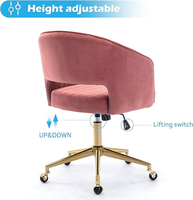 Home Office Chair Swivel Velvet Desk Chair Accent Armchair Upholstered Modern Tufted Chairs with Gold Base for Girls Women Ergonomic Study Seat Computer Task Stools for Living Room(Rose)