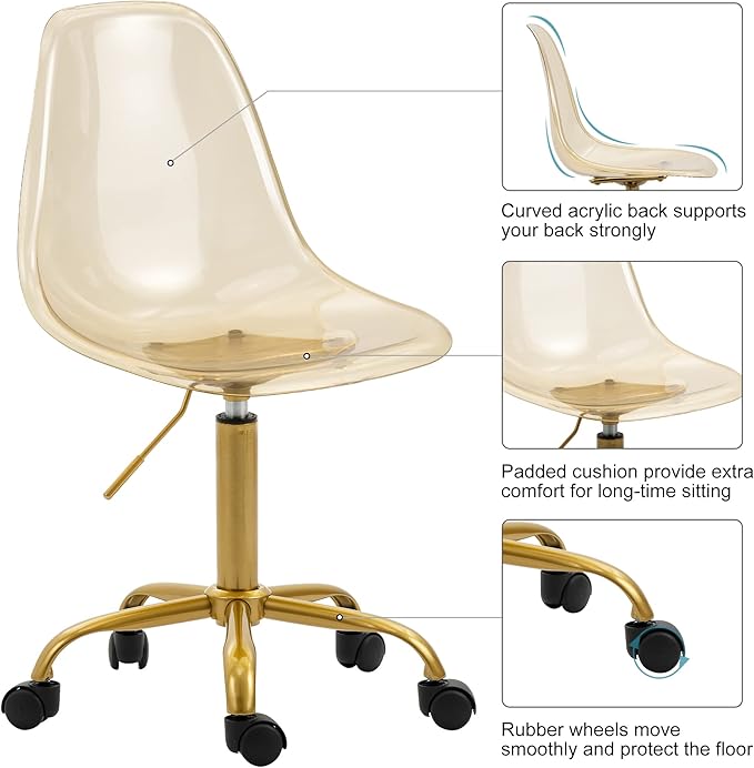 HOMEFUN Clear Rolling Chair, Armless Acrylic Desk Chair with Golden Feet Swivel Molded Plastic Shell Adjustable Home Office with Wheels