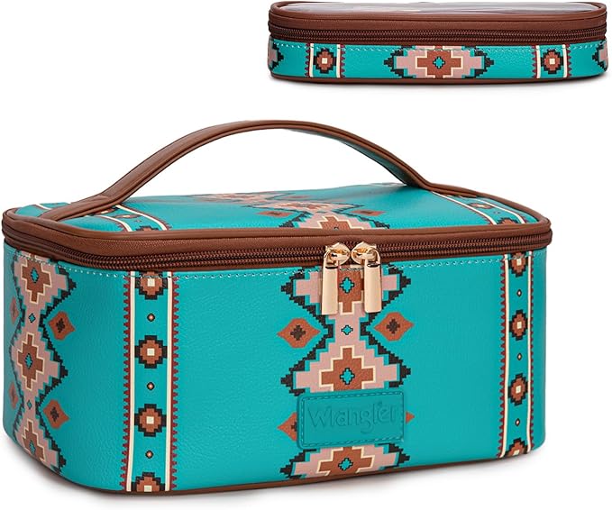 Montana West X Wrangler Travel Makeup Bag 2pcs Set Large Cosmetic Bag with Makeup Brush Holder Portable Make Up Organizer Cute Toiletry Bag with Divider and Handle for Women Aztec