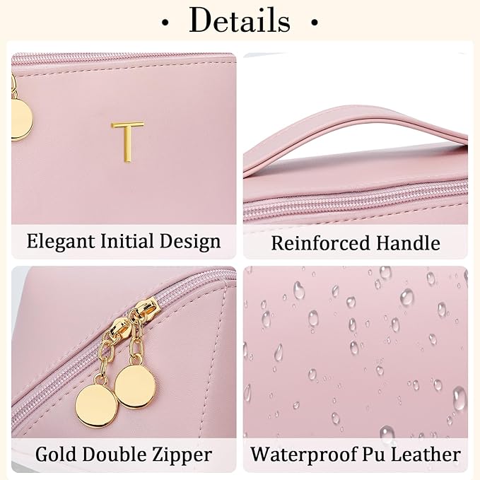 Birthday Gifts for Women Teen Girl, Personalized Initial Makeup Organizer Bag Set, Open Flat Travel Cosmetic Bag With Clear Divider and Handle(Pink,T)