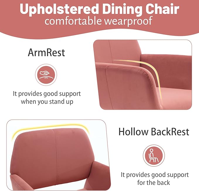 KCC Small Modern Dining Room Arm Chairs Set of 2, Mid-Century Upholstered Velvet Side Seat Club Guest with Metal Tube Legs for Kitchen, Living Room, Rose