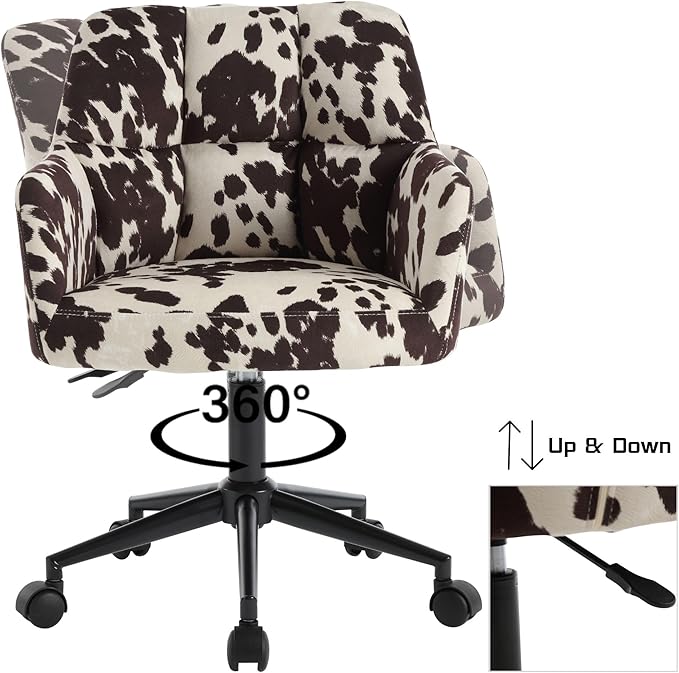 Cow Print Chair Modern Velvet Office Desk Chair with Armrest, Height Adjustable Wide Seat Computer Task Chair for Home Office, Mid Back Accent Chair, Cow