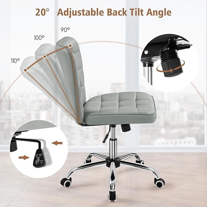 Yaheetech Armless Desk Chair Modern Tufted Office Chair Faux Leather Upholstered Computer Chair with Adjustable Seat Height and Rolling Wheels for Home/Office, Light Gray