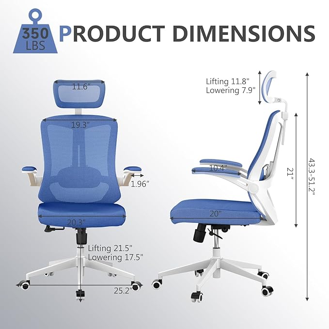 Ergonomic Office Chair Desk Chair - Mesh Computer Chair with 360° Swivel Wheels, Adjustable 90-130° Recline & Lumbar Support for Home Office, Supports up to 350lbs