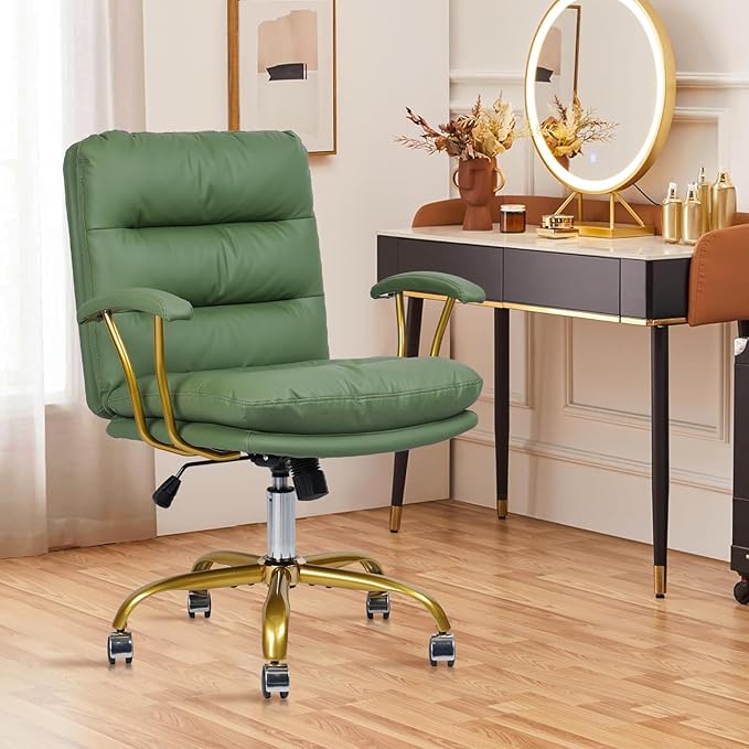 Leather Home Office Desk Chair, Mid-Back Vanity Chair Make Up Chair with Gold Wheels and Armrests, Rolling Swivel Computer Task Chair for Office Bedroom Living Room Girls Women, Green, 4 Pack