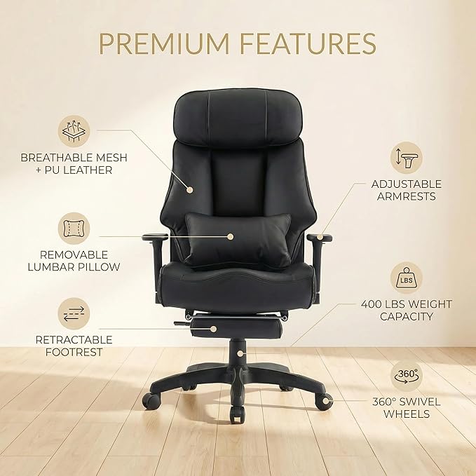 Big and Tall Office Chair 500lbs - 22.4" Extra Wide Seat Ergonomic Executive Chair, Heavy Duty High Back Leather Office Chair with Footrest, Lumbar Support & Adjustable Arm (All Black)
