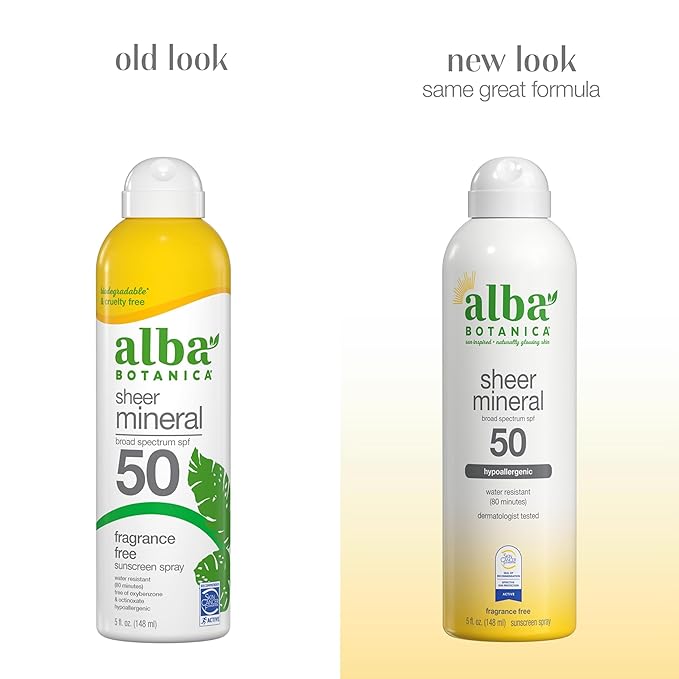 Alba Botanica Sheer Mineral Sunscreen Spray, SPF 50, Fragrance-Free Broad Spectrum, Water Resistant and Biodegradable, 5 fl. Oz. Bottle