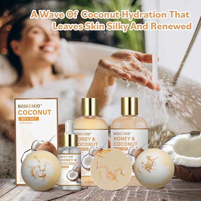 Valentine's Day Gift Baskets, Spa Gift Basket for Women, 11pcs Honey & Coconut Luxury Bath Gift Set, Spa Kit with Shower Gel, Bubble Bath, Bath Bombs , Beauty Gifts for Her, Women, Mom Birthday