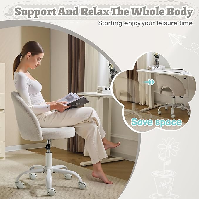 VINGLI Small Vanity Chair with Wheels for Girls.Cute Modern Adjustable Height Armless Office Desk Chair.360°Swivel Comfy Rolling Chair for Study, Make up Room,Small Space,Linen Light Gray