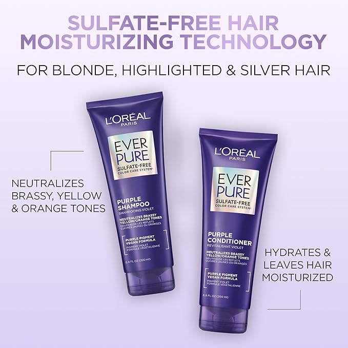 L’Oreal Paris Sulfate Free Brass Toning Purple Conditioner for Blonde,Bleached,Silver,or Brown Highlighted Hair,EverPure,6.8 Fl Oz (Packaging May Vary),(Pack of 2)