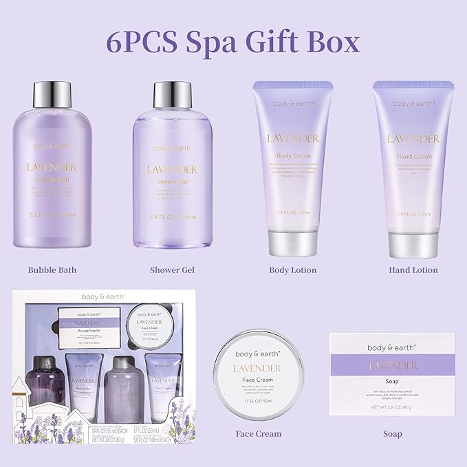 BODY & EARTH Bath and Body Gift Set - 6 Pcs Lavender Bath Kit for Women Spa Set, Perfect Birthday, Mother's Day Gift Set for Women Includes Bubble Bath, Shower Gel, Body Lotion