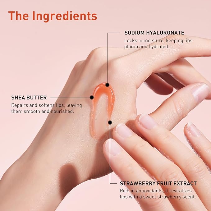 Lip Glowy Balm Strawberry: Lip Gloss Hydrate and Nourish with Natural Strawberry Extracts& Hyaluronic Acid Complex for Softening and Plumping Finish, Travel Size for Men and Women