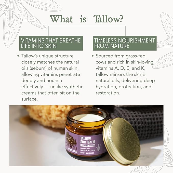 Lavender Tallow Sunscreen SPF 50 – Grass-Fed Beef Tallow Balm with Carrot Seed Oil & Non-Nano Zinc – Organic Face & Body Moisturizer, Reef Safe, Naturally Scented – 2.5oz x 3, Made in USA