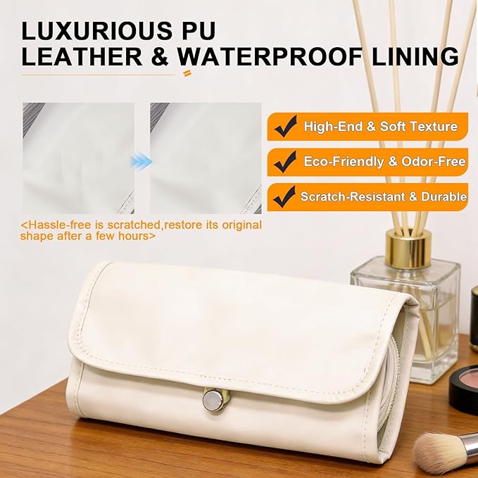 Portable Folding Makeup Brush Bag,Travel Toiletry Bag with Dividers & Independent Partition for Brushes & Skincare, Toothbrush Holder,Rollup & Open Flat cosmetic Organizer,Waterproof &Hanging (white)