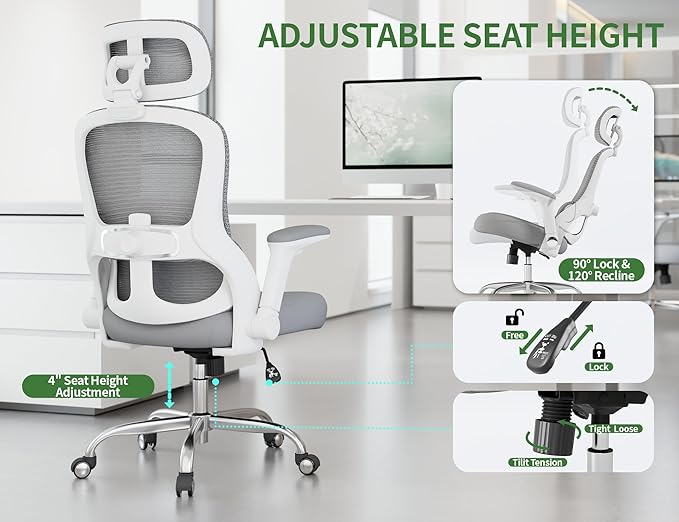 Ergonomic Office Chair - Computer Desk Chairs Comfy, Mesh High-Back Gaming Chair with Adjustable Lumbar Support, Executive Task Chair for Adults, Comfortable for Long Hours (Gray)