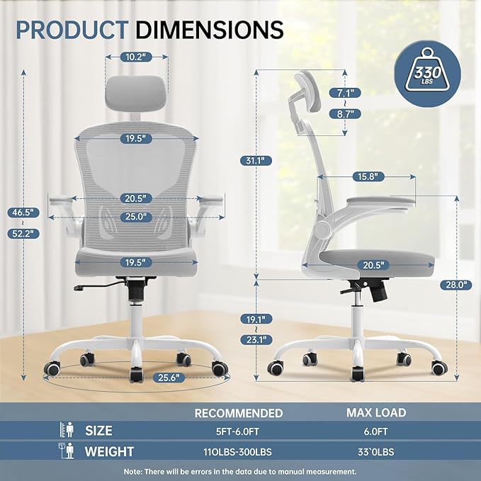 Synorla Office Chair Ergonomic Desk Chair, 330LBS Capacity, High Back Computer Design for Long Hours Comfort, Rolling Swivel for Home Office, Flip-up Armrests, White+Grey