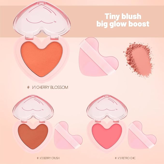 Multi Texture Heart Blush Cream, Liquid, Powder & Jelly Blushes for Cheeks,Beauty-Matte & Natural Finish Cheek Tint & Blush Palette (V1 Cherry Blossom)