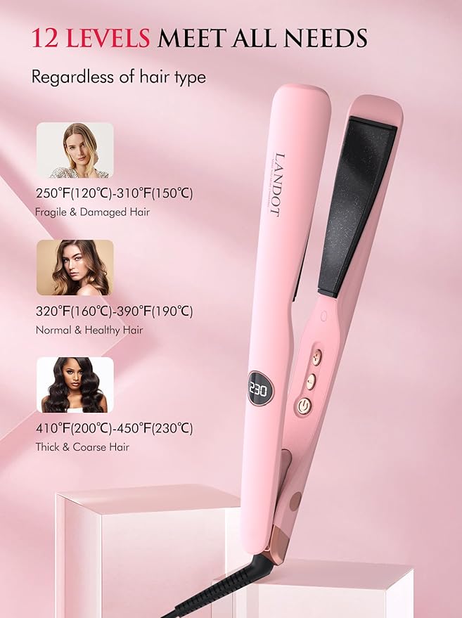 LANDOT 2-in-1 Hair Straightener and Curler - Pro 1" Multi-Styler with Twist & Curl Technology, Tourmaline Ceramic, Dual Voltage Adjust Temp 250-450°F for All Hair Types, Blush Pink