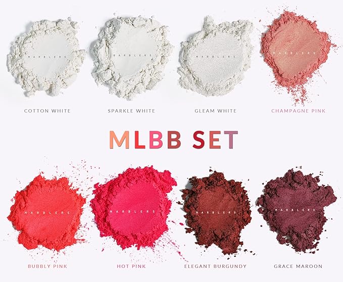 MARBLERS Lip Safe Mica Powder Colorant Set [MLBB 8 Color Set] |Cosmetic | Epoxy Resin Pigment | Dye | Non-Toxic, Vegan, Cruelty-Free | Lip Gloss, Nails, Body Butter, Bath Bomb, Candle & Soap Making