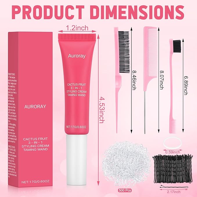 3-In-1 Styling Cream & Taming Wand Gel with Slick Back Brush Set,Cactus Fruit Fly Away Stick for Adult Women and Men Hair,Tame Flyaways, Smooth Frizz,0.6 OZ