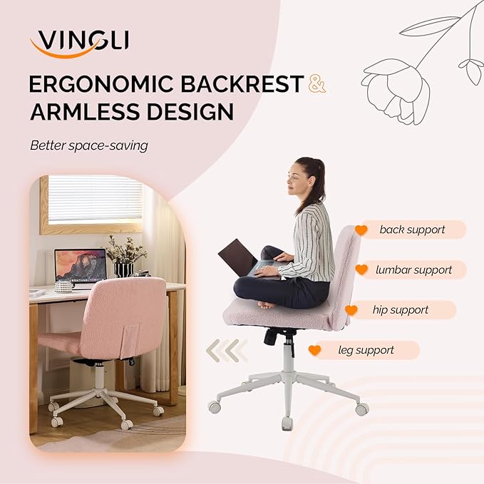 VINGLI Criss Cross Legged Chair,Wide Comfy Office Desk Chair,Dual-Use with/no Wheels Computer Task Chair,Swivel Armless Vanity Boucle Chair for Study,Make Up,Home Office,Teddy Fleece,Pink